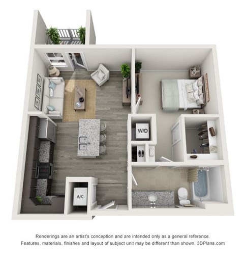 Floor plan for 1 bed, 1 bath, 713 sqft